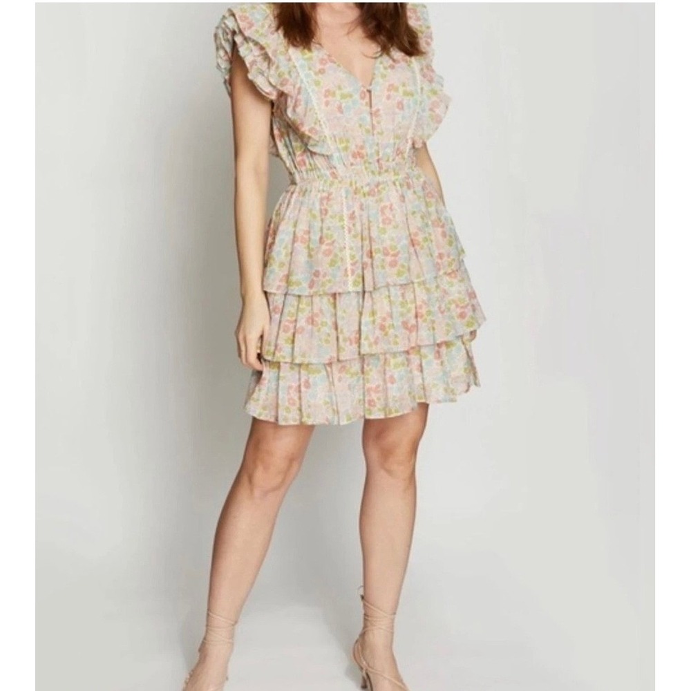 Anthropologie Love The Label Ines Dress Ivory Floral Tiered Ruffle Mini Size S